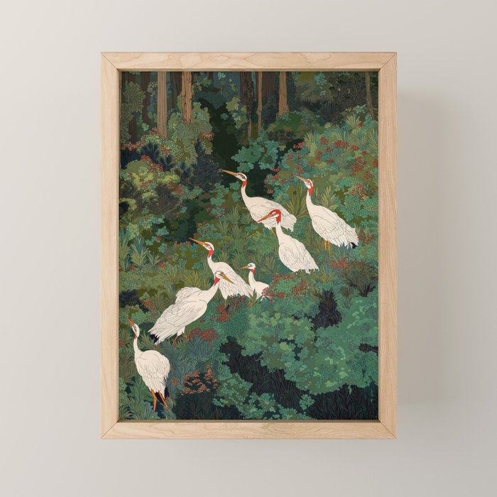 Japandi Wall Art Maximalist japanese chinoiserie Bird wabi sabi green Heron Painting for living room Mini Art Print Gallery Image 1
