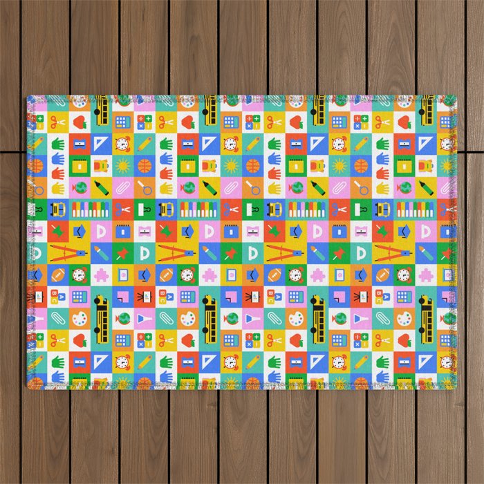 Colorful back to school mosaic pattern Outdoor Rug Gallery Image 1