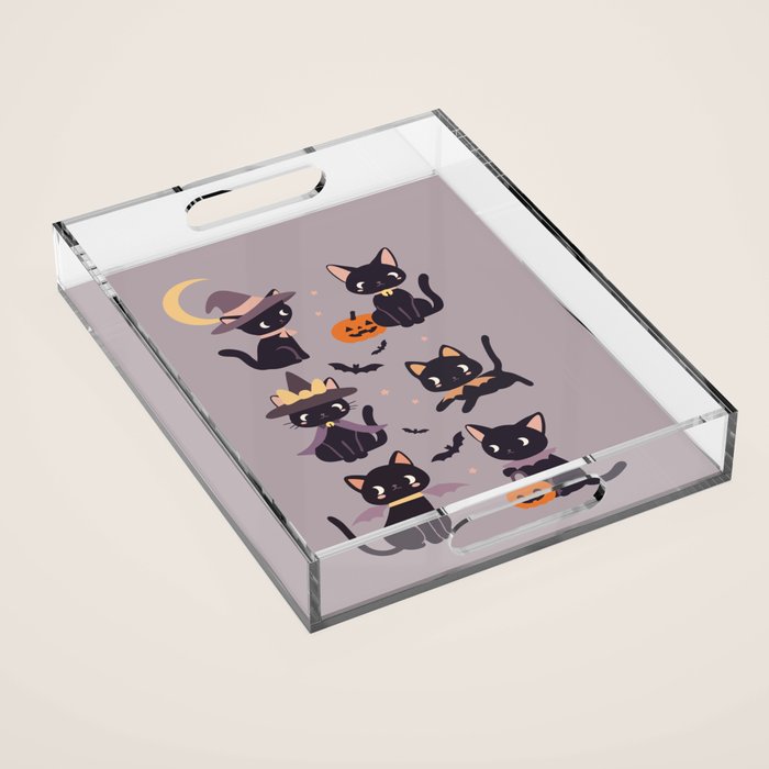 Cute Halloween Witch Cats and Pumpkins  Acrylic Tray Gallery Image 1