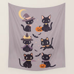 Cute Halloween Witch Cats and Pumpkins  Wall Tapestry Gallery Image 4