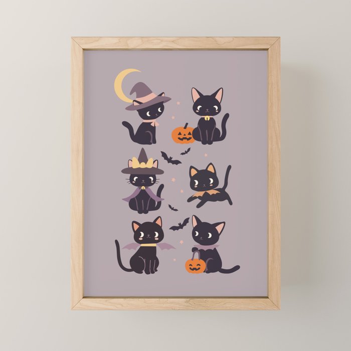 Cute Halloween Witch Cats and Pumpkins  Mini Art Print Gallery Image 1