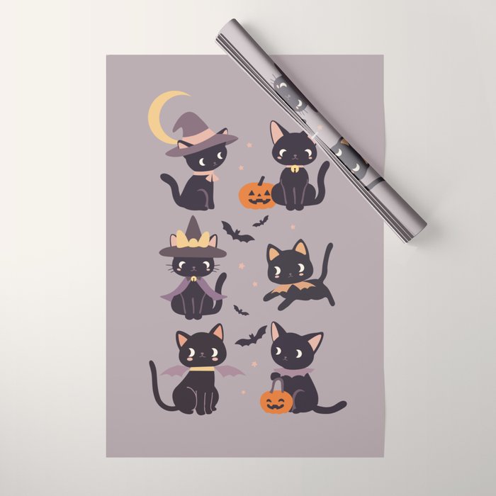 Cute Halloween Witch Cats and Pumpkins  Wrapping Paper Gallery Image 1