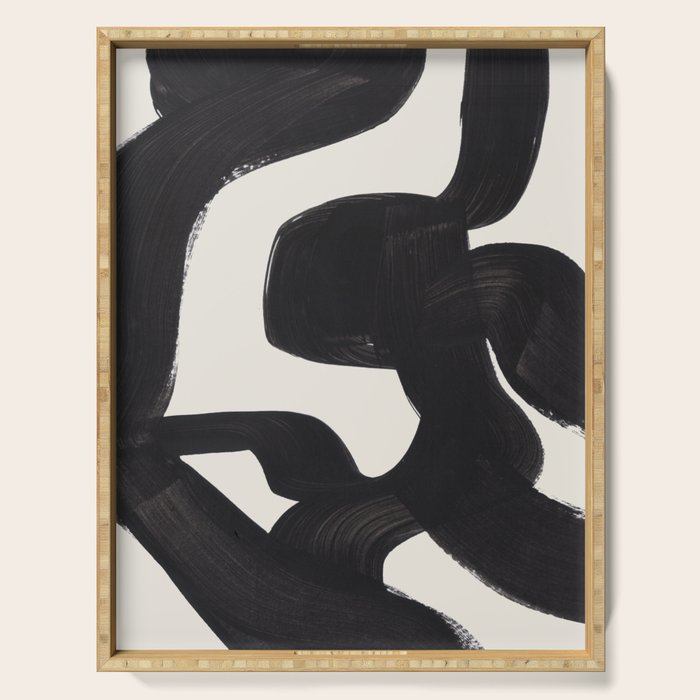 Mid Century Modern Minimalist Abstract Art Brush Strokes Black & White Ink Art Maze Serving Tray Gallery Image 1