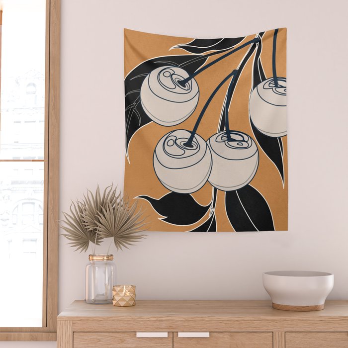 Minimalist Cherry Fruit Line Art 5 Wall Tapestry Gallery Image 2