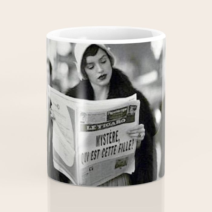 Roaring Twenties French Flapper Girl Reading Newspaper on the Street, Paris female portrait black and white photography - photographs Coffee Mug Gallery Image 4
