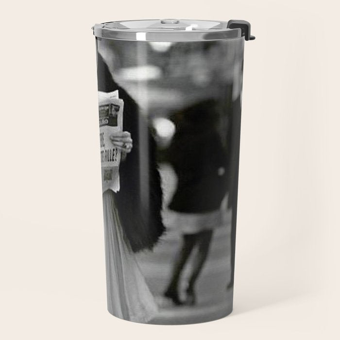 Roaring Twenties French Flapper Girl Reading Newspaper on the Street, Paris female portrait black and white photography - photographs Travel Mug Gallery Image 2