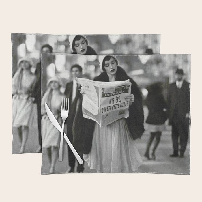 Roaring Twenties French Flapper Girl Reading Newspaper on the Street, Paris female portrait black and white photography - photographs Placemat Gallery Image 1