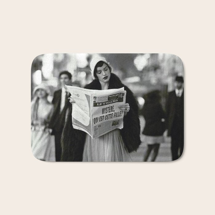 Roaring Twenties French Flapper Girl Reading Newspaper on the Street, Paris female portrait black and white photography - photographs Bath Mat Gallery Image 1
