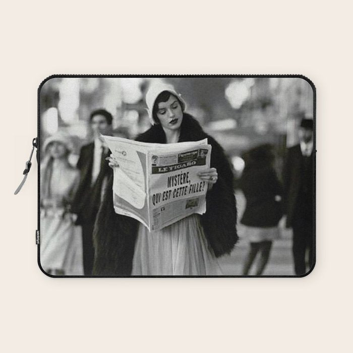 Roaring Twenties French Flapper Girl Reading Newspaper on the Street, Paris female portrait black and white photography - photographs Laptop Sleeve Gallery Image 1