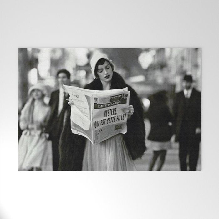 Roaring Twenties French Flapper Girl Reading Newspaper on the Street, Paris female portrait black and white photography - photographs Welcome Mat Gallery Image 1