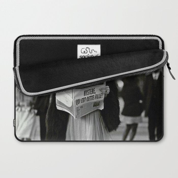 Roaring Twenties French Flapper Girl Reading Newspaper on the Street, Paris female portrait black and white photography - photographs Laptop Sleeve Gallery Image 2