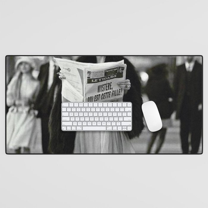 Roaring Twenties French Flapper Girl Reading Newspaper on the Street, Paris female portrait black and white photography - photographs Desk Mat Gallery Image 1