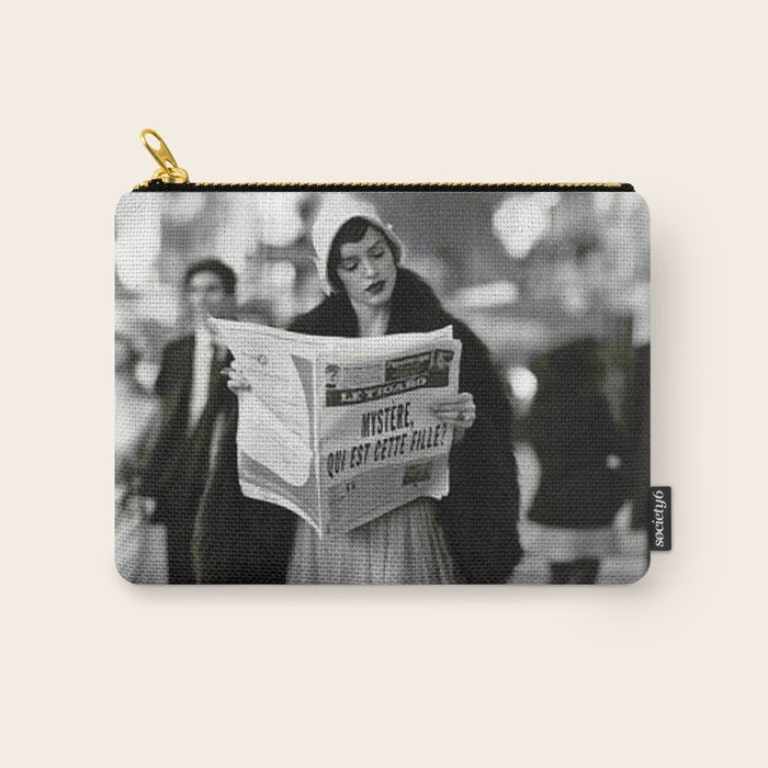 Roaring Twenties French Flapper Girl Reading Newspaper on the Street, Paris female portrait black and white photography - photographs Carry All Pouch Gallery Image 1