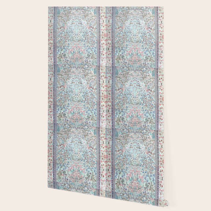 Antique Pastel Blue Persian Kashan Rug Print Wallpaper Gallery Image 2