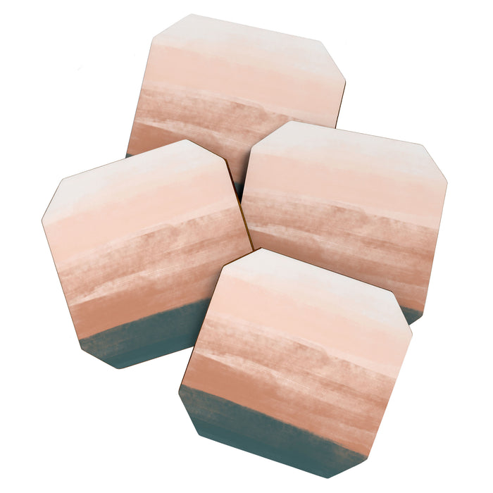 Desert Dream Waves_ Teal Green & perfectly pale Pink_ brush strokes abstract painting Coaster Gallery Image 1