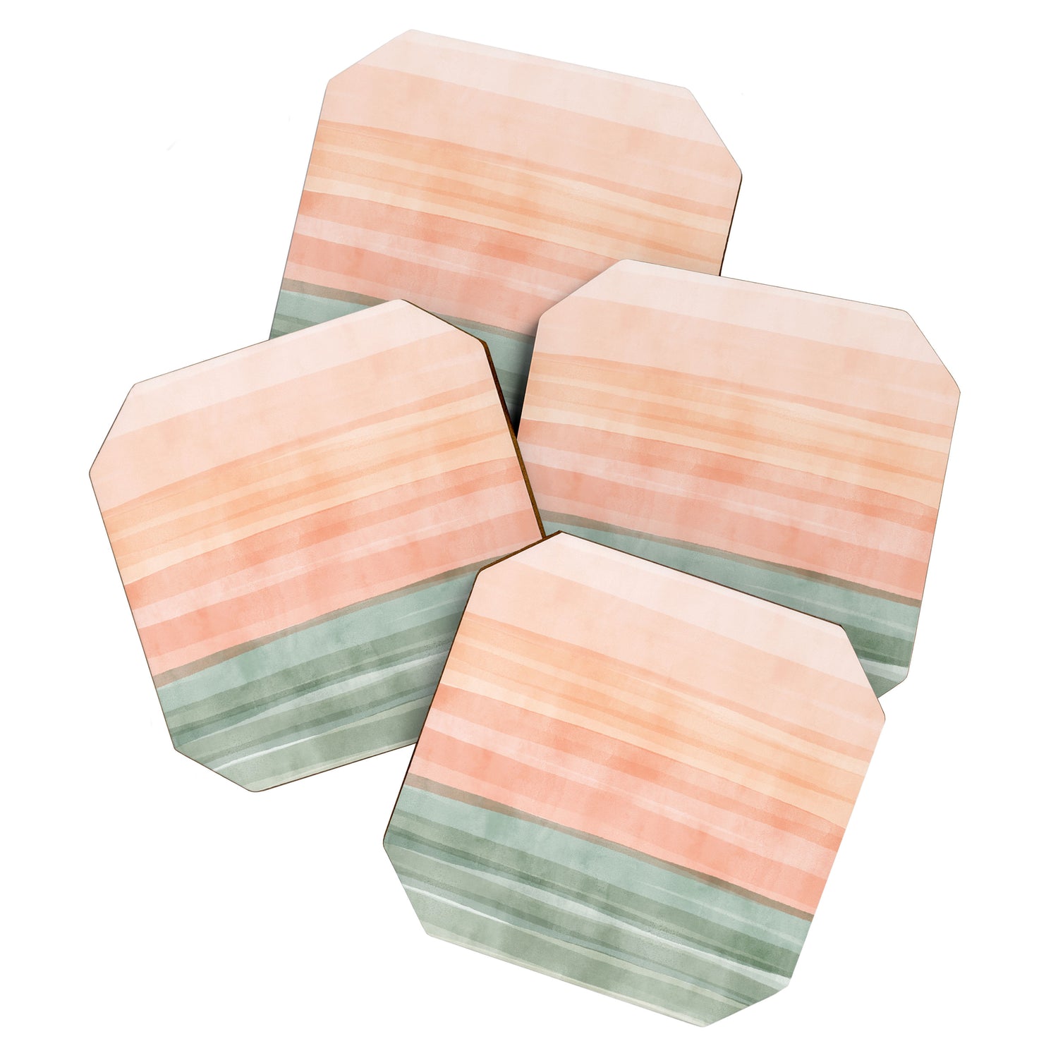 Light Sage Green Waves on a Peach Horizon, Abstract _watercolor color block Coaster Gallery Image 1