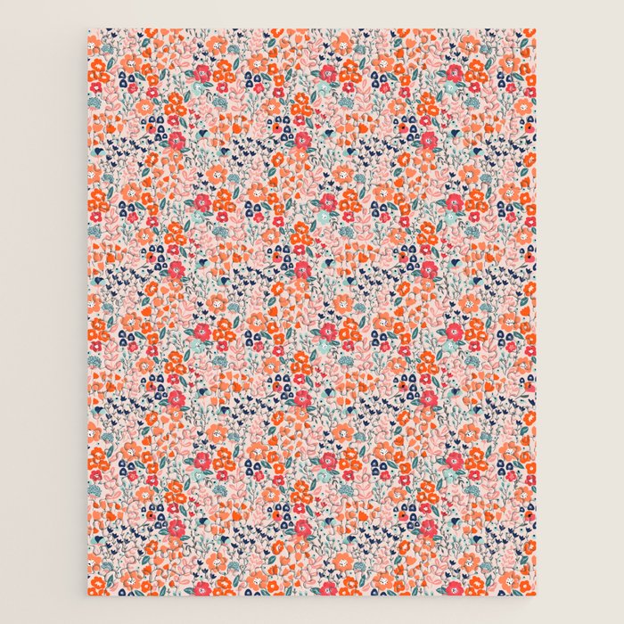 Ditsy Florals, Pink, Orange, Teal, Navy Jigsaw Puzzle Gallery Image 1