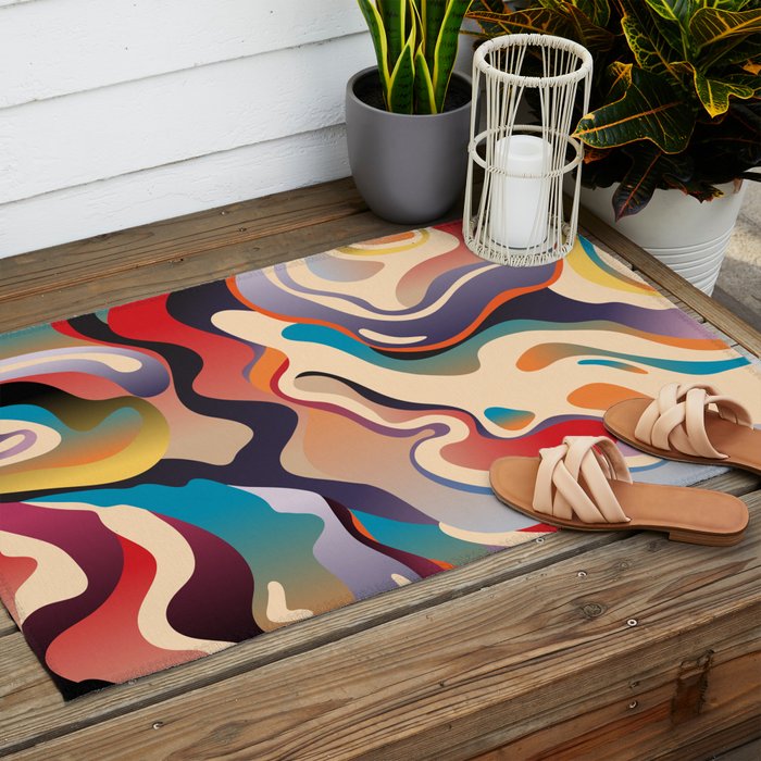 Retro Colorful Liquid Swirls Outdoor Rug Gallery Image 2