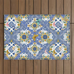 Blue ceramic maiolica tiles, yellow flowers and butterflies Outdoor Rug Gallery Image 1