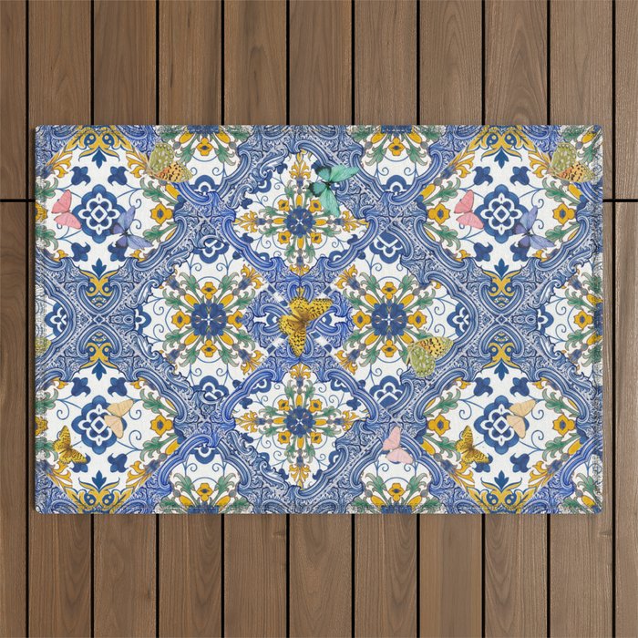 Blue ceramic maiolica tiles, yellow flowers and butterflies Outdoor Rug Gallery Image 1