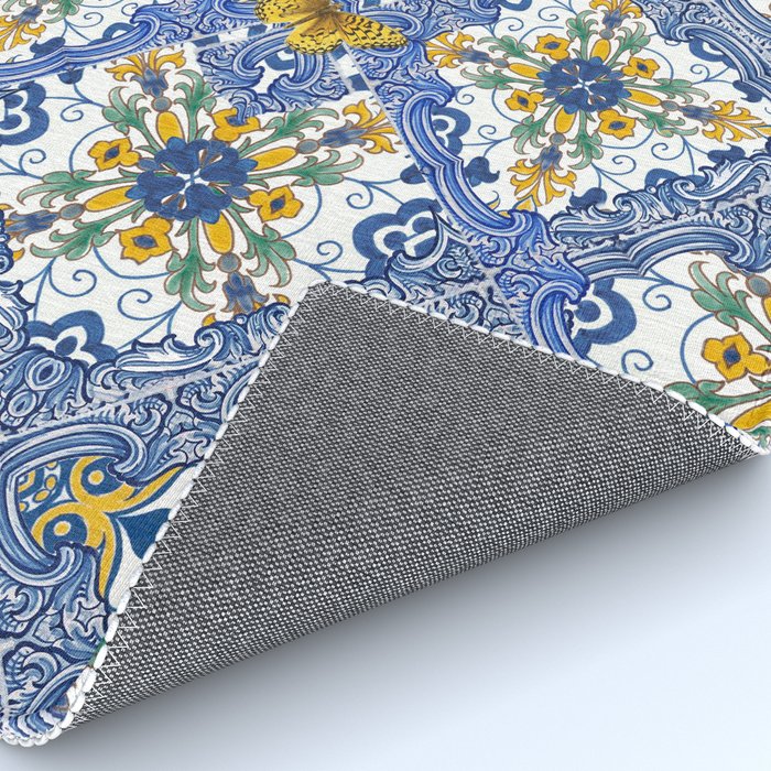 Blue ceramic maiolica tiles, yellow flowers and butterflies Rug Gallery Image 4