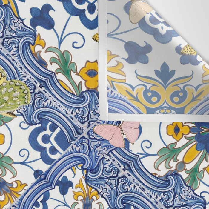 Blue ceramic maiolica tiles, yellow flowers and butterflies Wall Tapestry Gallery Image 3