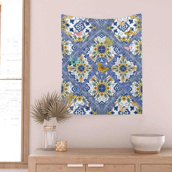Blue ceramic maiolica tiles, yellow flowers and butterflies Wall Tapestry Gallery Image 2