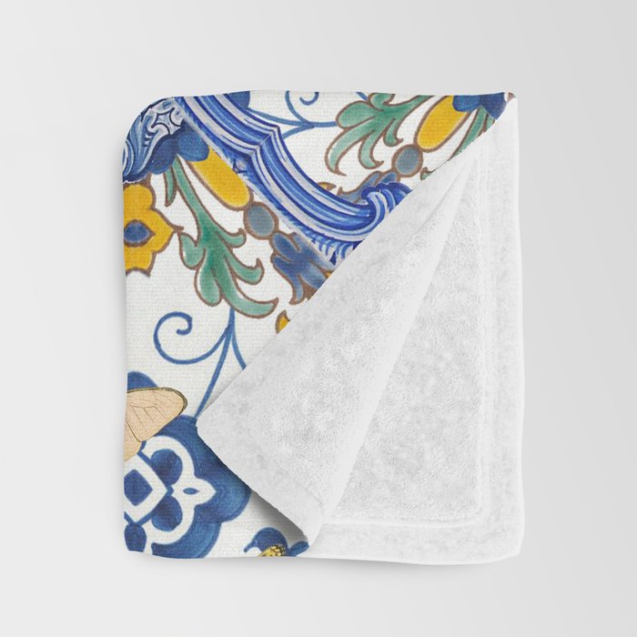 Blue ceramic maiolica tiles, yellow flowers and butterflies Throw Blanket Gallery Image 3