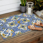 Blue ceramic maiolica tiles, yellow flowers and butterflies Outdoor Rug Gallery Image 2