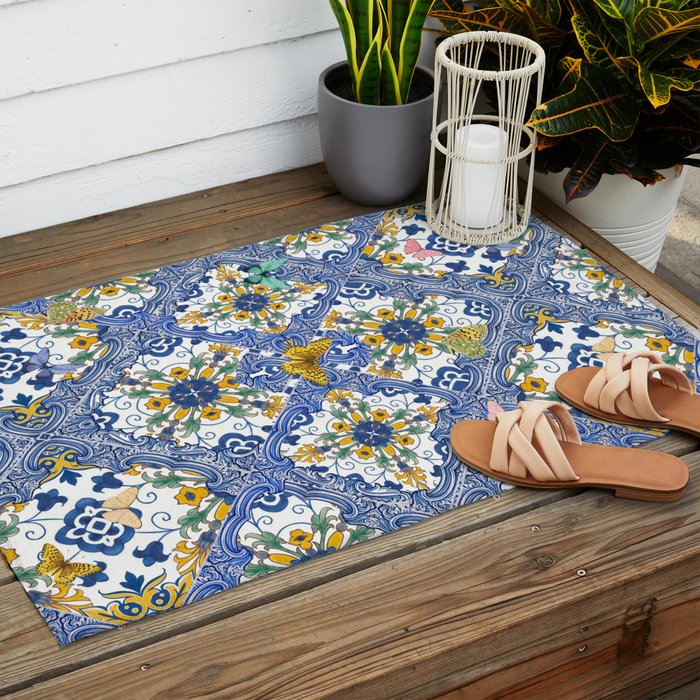 Blue ceramic maiolica tiles, yellow flowers and butterflies Outdoor Rug Gallery Image 2