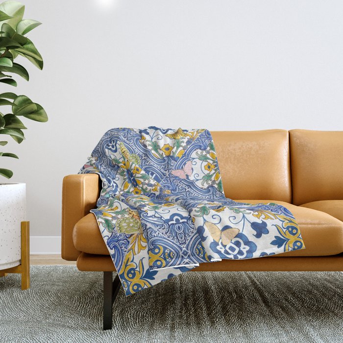 Blue ceramic maiolica tiles, yellow flowers and butterflies Throw Blanket Gallery Image 1