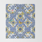 Blue ceramic maiolica tiles, yellow flowers and butterflies Throw Blanket Gallery Image 2