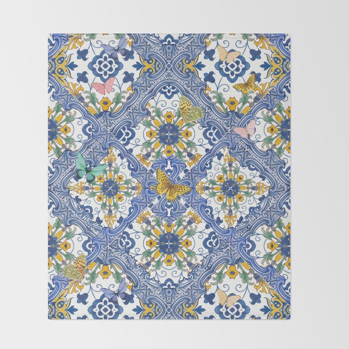 Blue ceramic maiolica tiles, yellow flowers and butterflies Throw Blanket Gallery Image 2