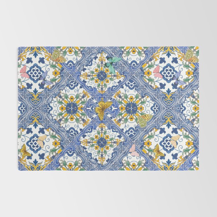 Blue ceramic maiolica tiles, yellow flowers and butterflies Rug Gallery Image 2