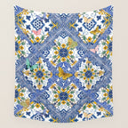 Blue ceramic maiolica tiles, yellow flowers and butterflies Wall Tapestry Gallery Image 4