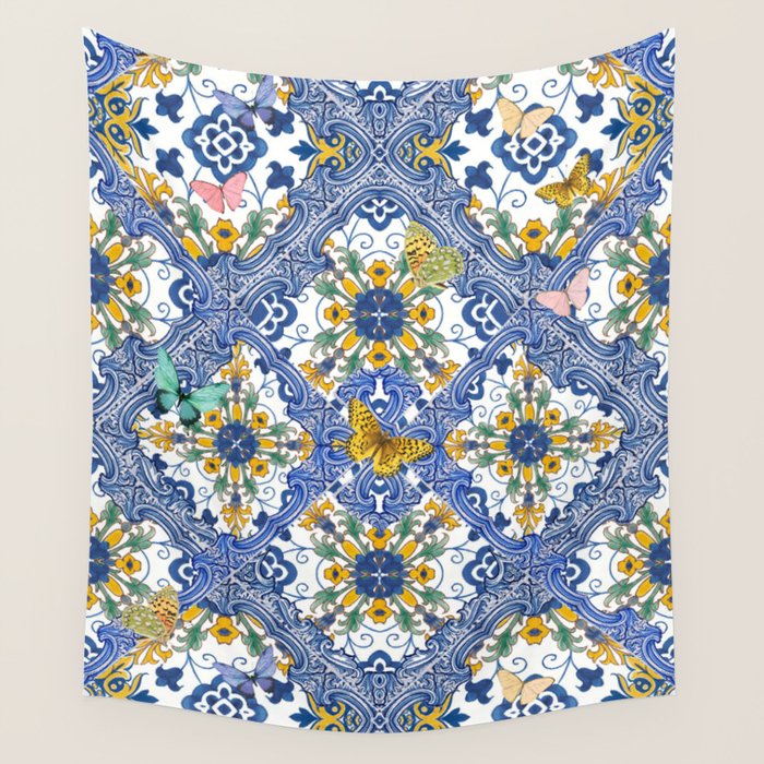 Blue ceramic maiolica tiles, yellow flowers and butterflies Wall Tapestry Gallery Image 4