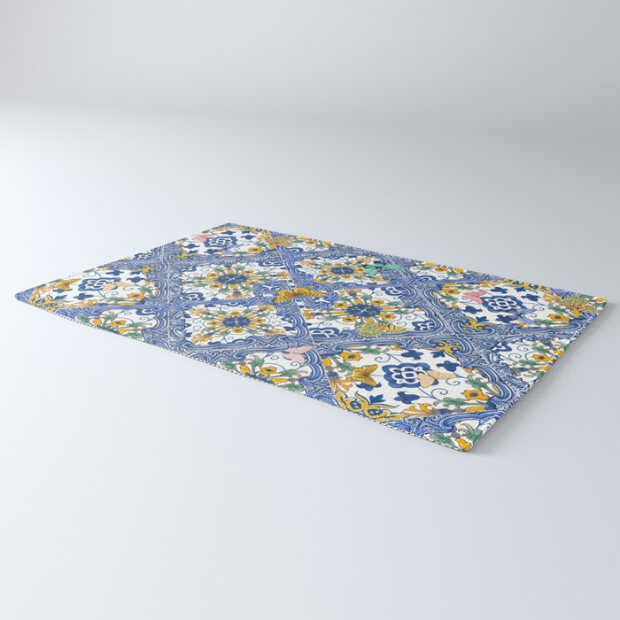 Blue ceramic maiolica tiles, yellow flowers and butterflies Rug Gallery Image 3