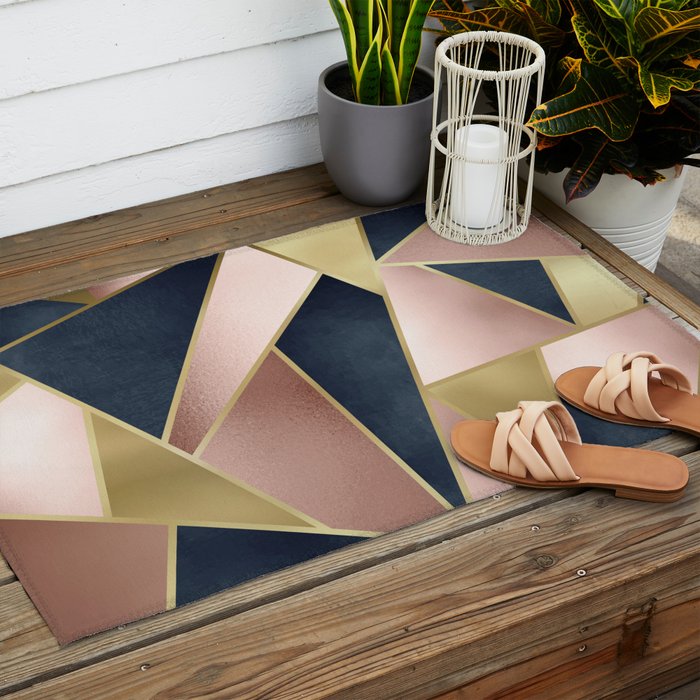 Geometric Art, Rose Gold, Pink and Navy Blue Modern  Outdoor Rug Gallery Image 2