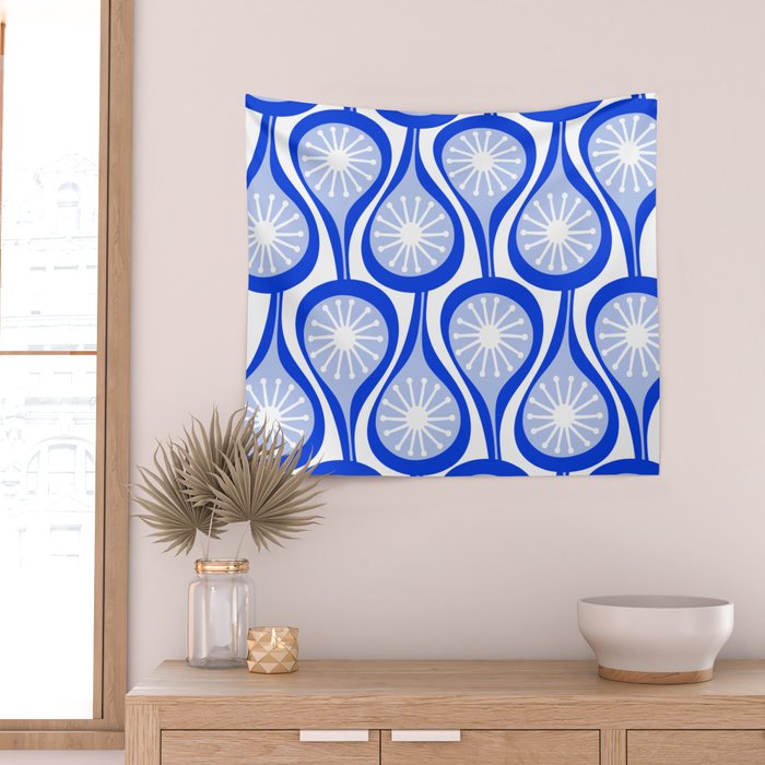 Atomic Drops Mid Century Modern Pattern Royal Blue Light Blue White Wall Tapestry Gallery Image 2