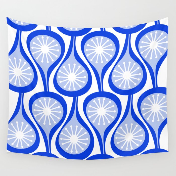 Atomic Drops Mid Century Modern Pattern Royal Blue Light Blue White Wall Tapestry Gallery Image 1