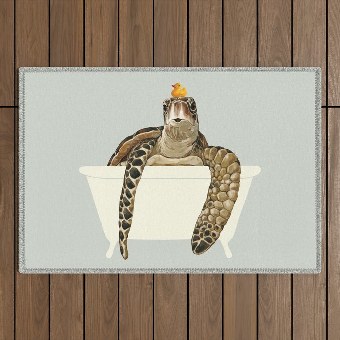 Sea Turtle in Bathtub #green Outdoor Rug Gallery Image 1