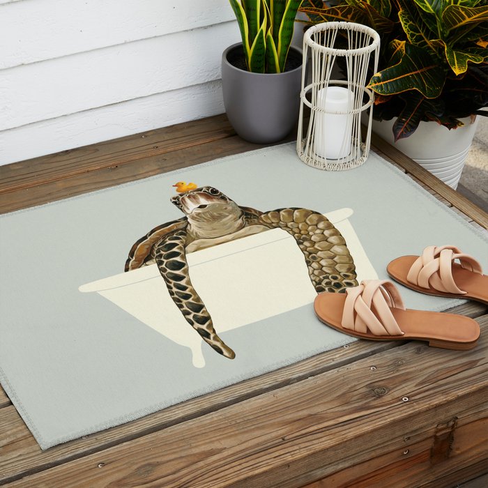 Sea Turtle in Bathtub #green Outdoor Rug Gallery Image 2