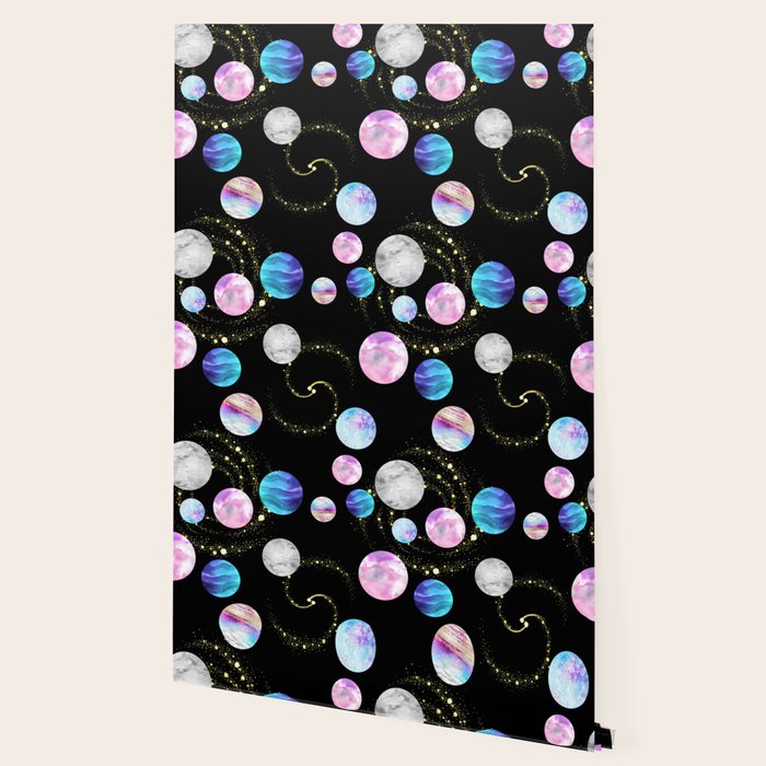 Outer Space: Planets, Galaxies, and Stars (watercolor and gold) Pattern Wallpaper Gallery Image 2