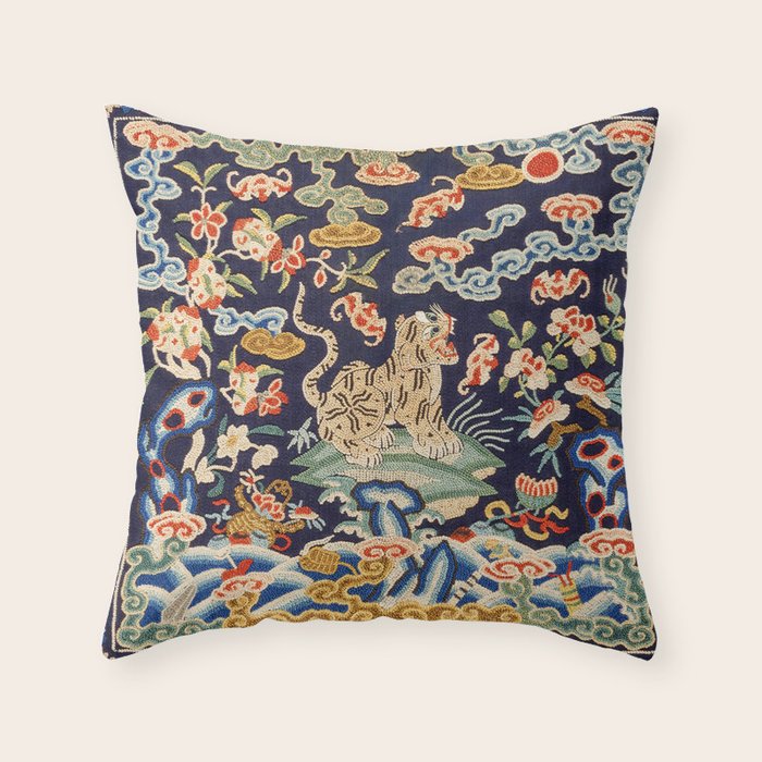 Oriental Tiger vintage embroidery tapestry Throw Pillow Gallery Image 1