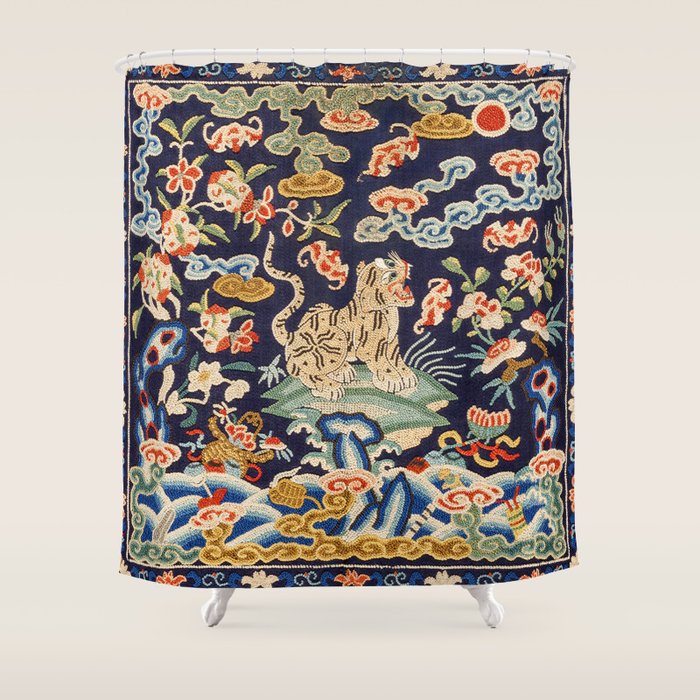 Oriental Tiger vintage embroidery tapestry Shower Curtain Gallery Image 1