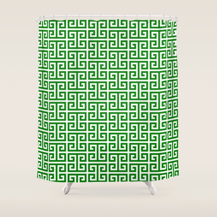 Green and White Greek Key Pattern Shower Curtain Gallery Image 1