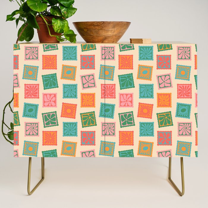 Vintage flower postage stamp pattern Credenza Gallery Image 1