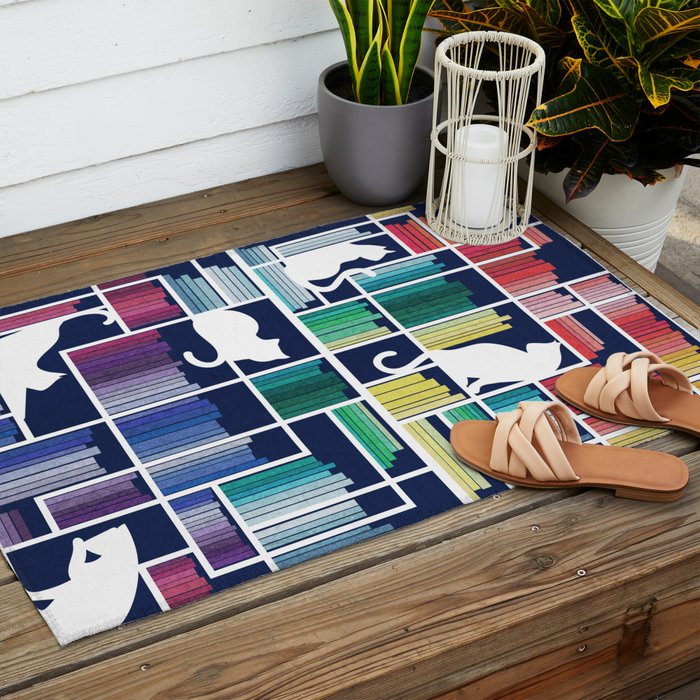 Rainbow bookshelf // navy blue background white shelf and library cats Outdoor Rug Gallery Image 2