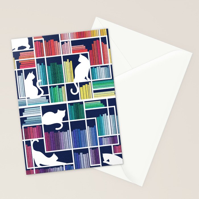Rainbow bookshelf // navy blue background white shelf and library cats Stationery Card Gallery Image 2