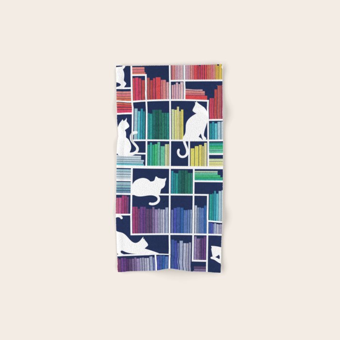 Rainbow bookshelf // navy blue background white shelf and library cats Bath Towel Gallery Image 1